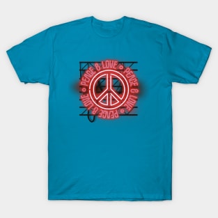 Peace and Love - Red Neon Sign with Symbol T-Shirt